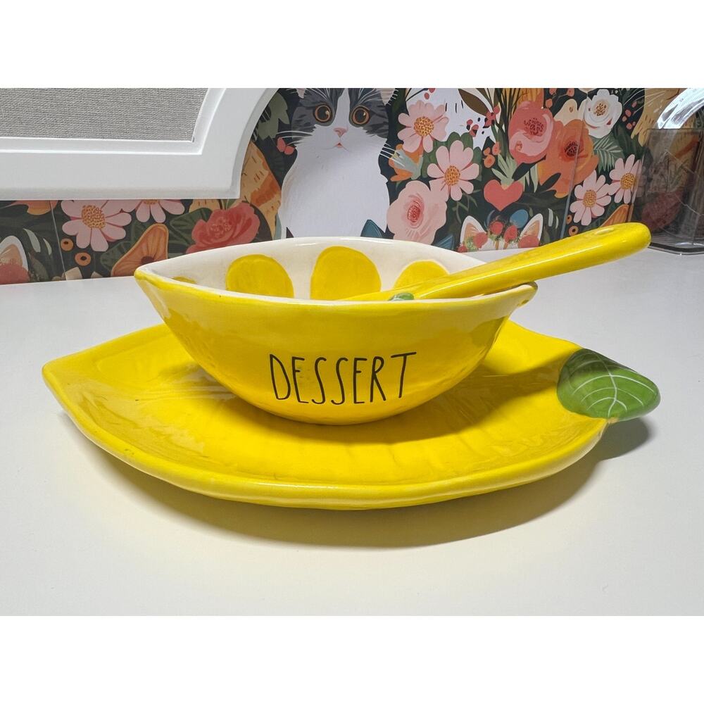 NWOT Rae Dunn Lemon Theme Appetizer/Dessert Plate, Bowl and Spoon (3 Piece Set)